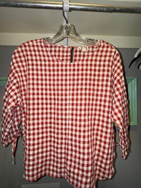 Mo:vint Red White Gingham Peasant Top S